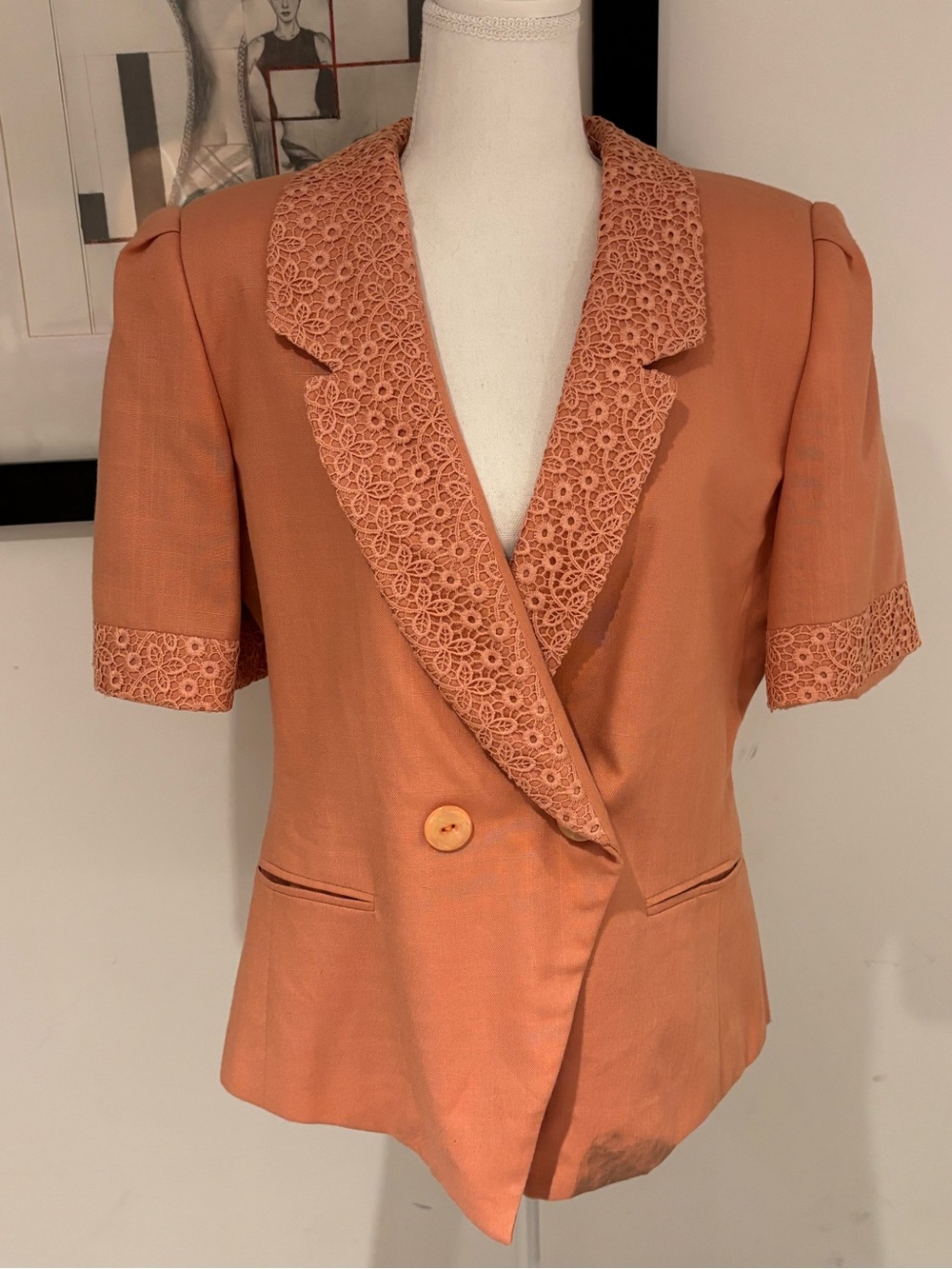 Vintage Oleg Cassini Peach Lace-Trim Short Sleeve Blazer